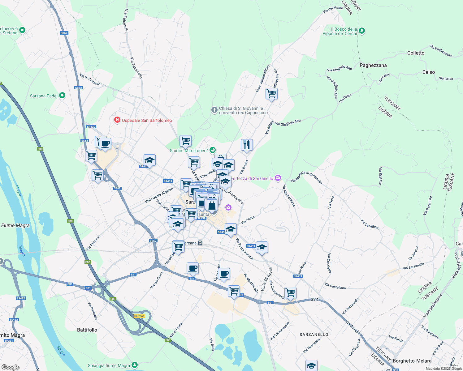map of restaurants, bars, coffee shops, grocery stores, and more near 1-3 Via Bradia in Sarzana