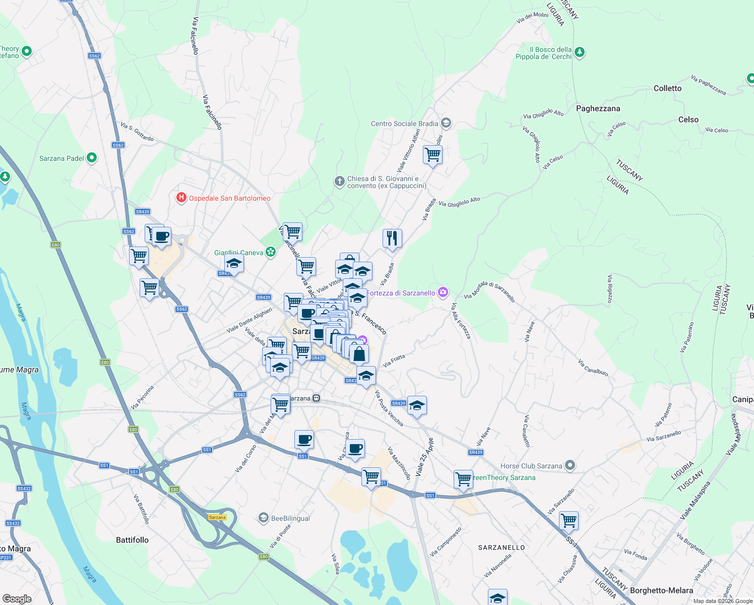 map of restaurants, bars, coffee shops, grocery stores, and more near 19 Via San Francesco in Sarzana
