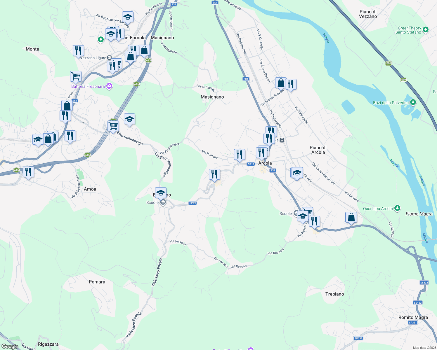 map of restaurants, bars, coffee shops, grocery stores, and more near 15 Via Franciosi in Arcola