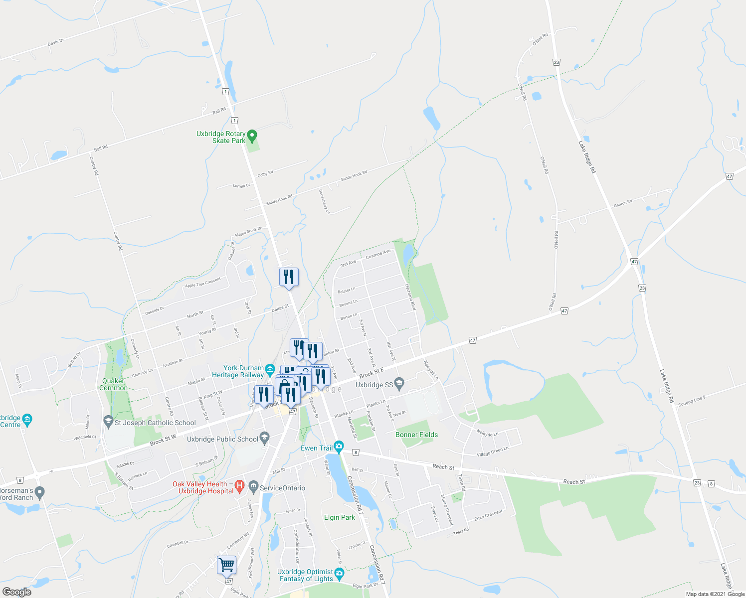 map of restaurants, bars, coffee shops, grocery stores, and more near 46 Rosena Lane in Uxbridge