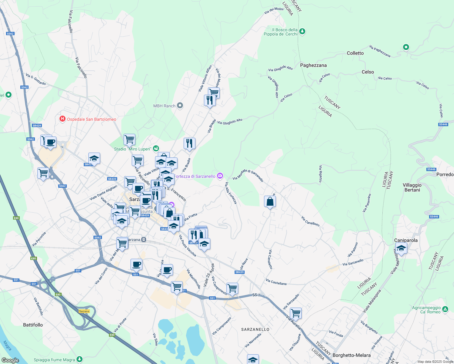 map of restaurants, bars, coffee shops, grocery stores, and more near Via Alla Fortezza in Provincia della Spezia