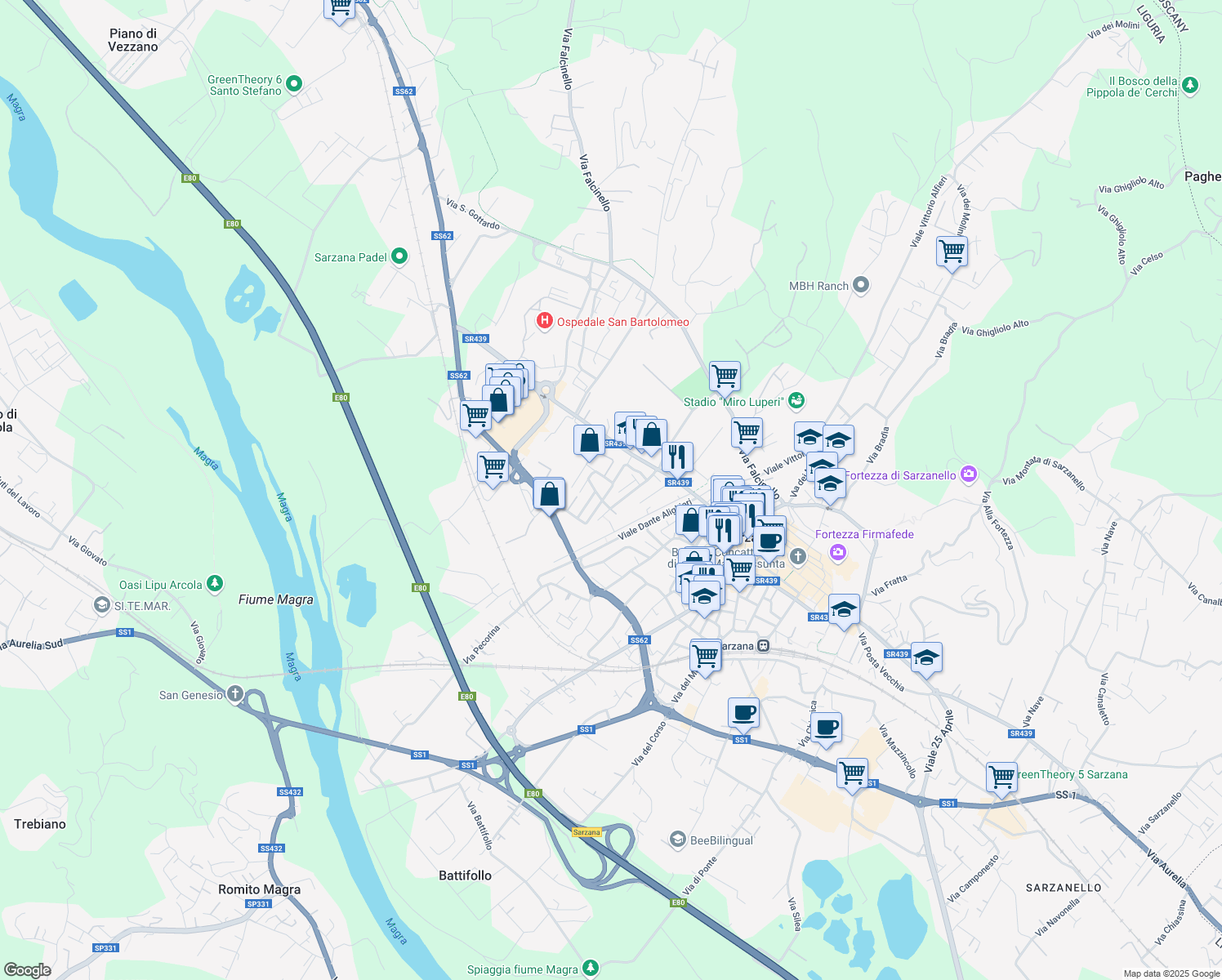 map of restaurants, bars, coffee shops, grocery stores, and more near 15 Via Paolo Diana in Sarzana