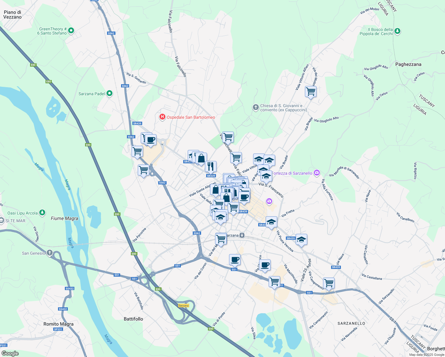 map of restaurants, bars, coffee shops, grocery stores, and more near 6 Viale Vittorio Alfieri in Sarzana