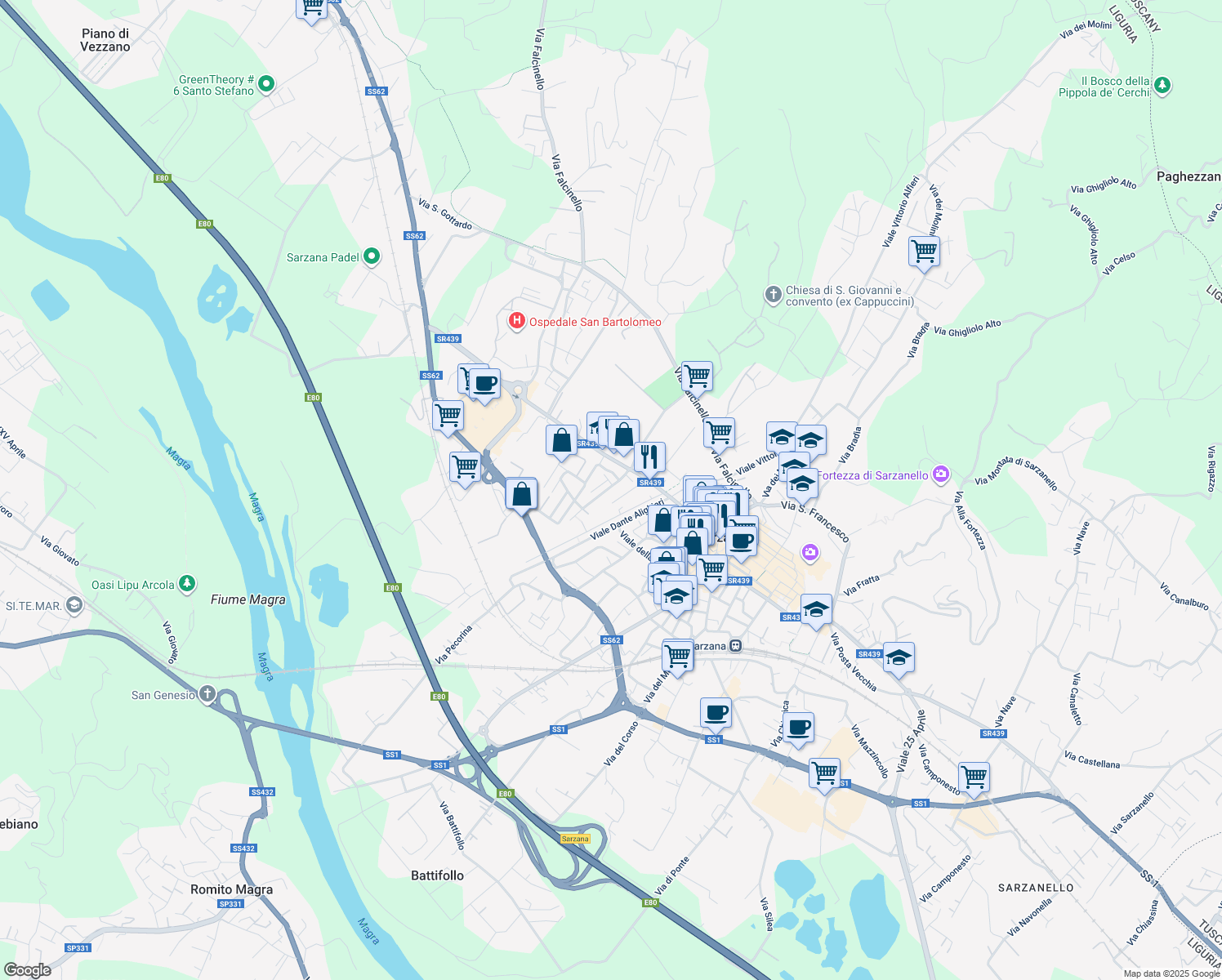 map of restaurants, bars, coffee shops, grocery stores, and more near 15 Via Socrate Benacci in Sarzana