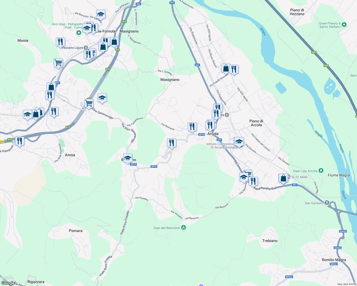 map of restaurants, bars, coffee shops, grocery stores, and more near 15 Via Franciosi in Arcola