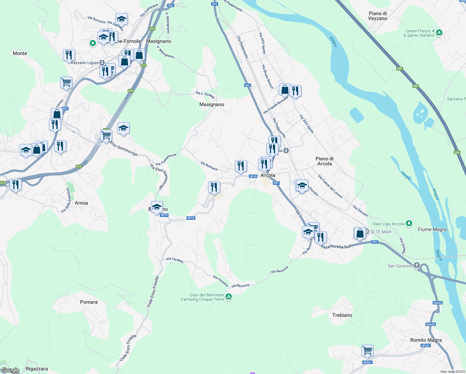 map of restaurants, bars, coffee shops, grocery stores, and more near 164 Via Valentini I° Traversa in Arcola