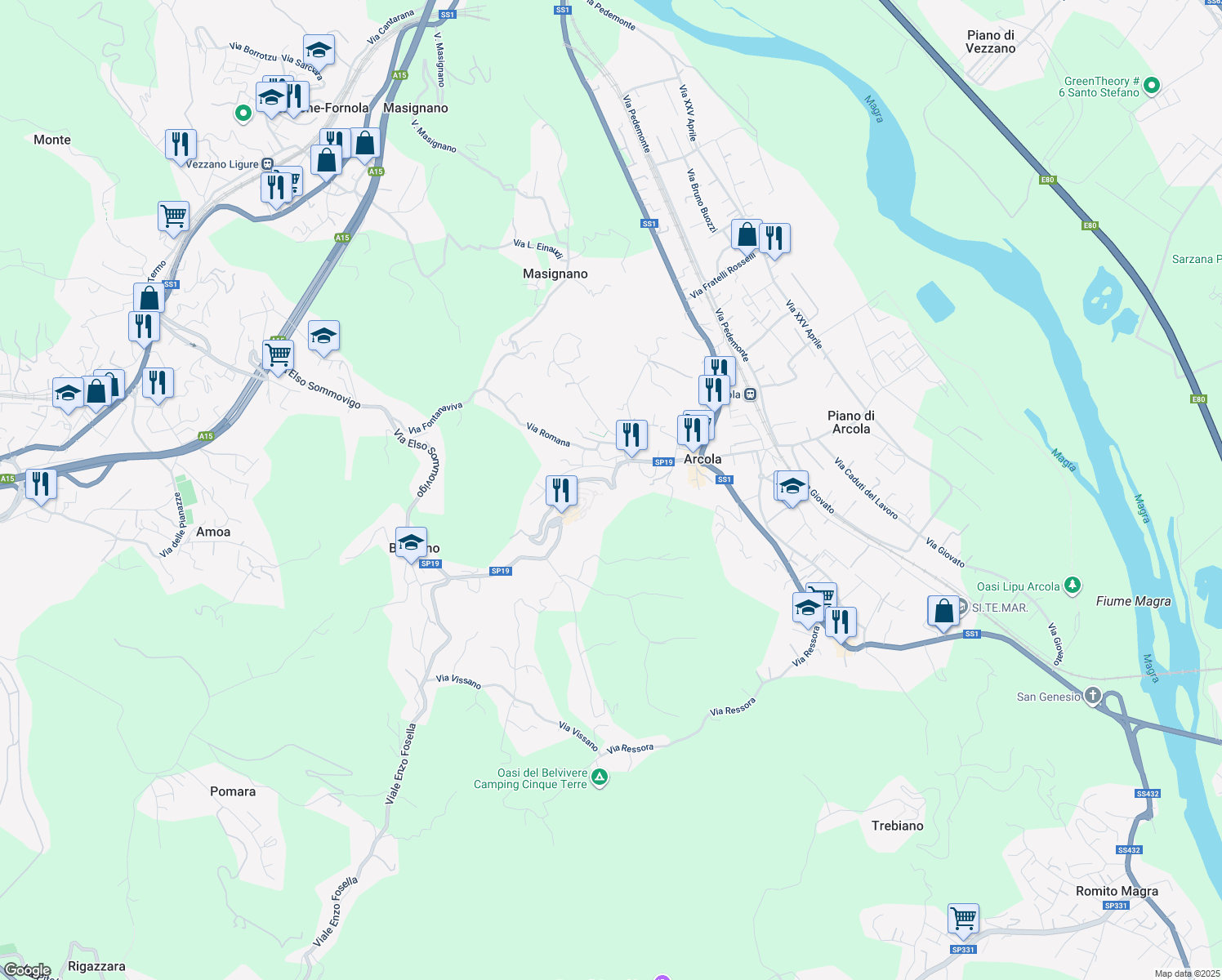 map of restaurants, bars, coffee shops, grocery stores, and more near 164 Via Valentini I° Traversa in Arcola