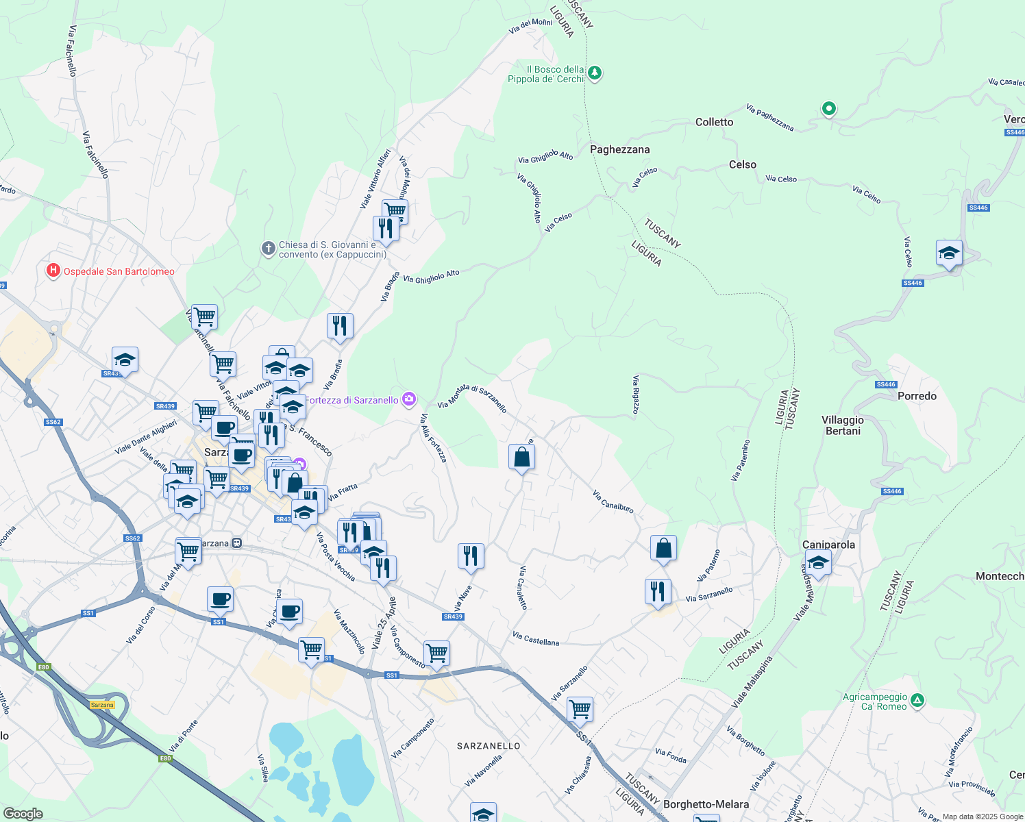 map of restaurants, bars, coffee shops, grocery stores, and more near 63 Via Montata di Sarzanello in Sarzana