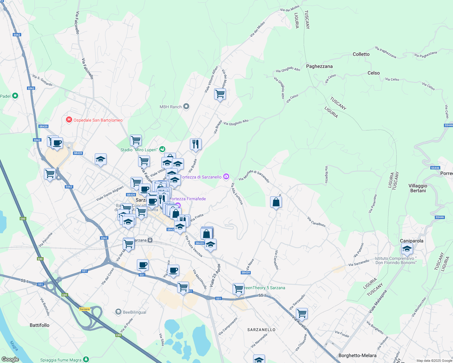 map of restaurants, bars, coffee shops, grocery stores, and more near 9 Via Alla Fortezza in Sarzana