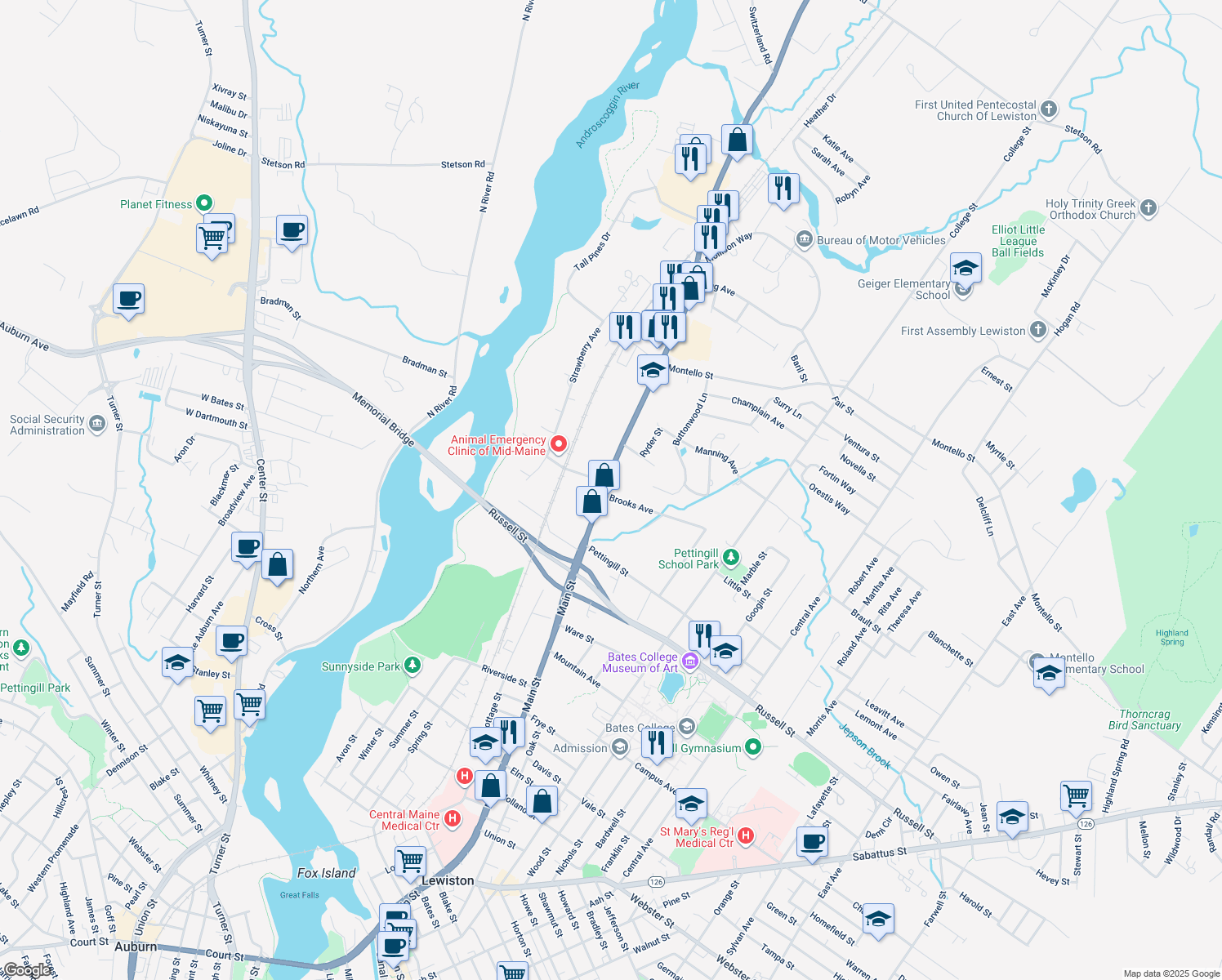 map of restaurants, bars, coffee shops, grocery stores, and more near 593 Main Street in Lewiston