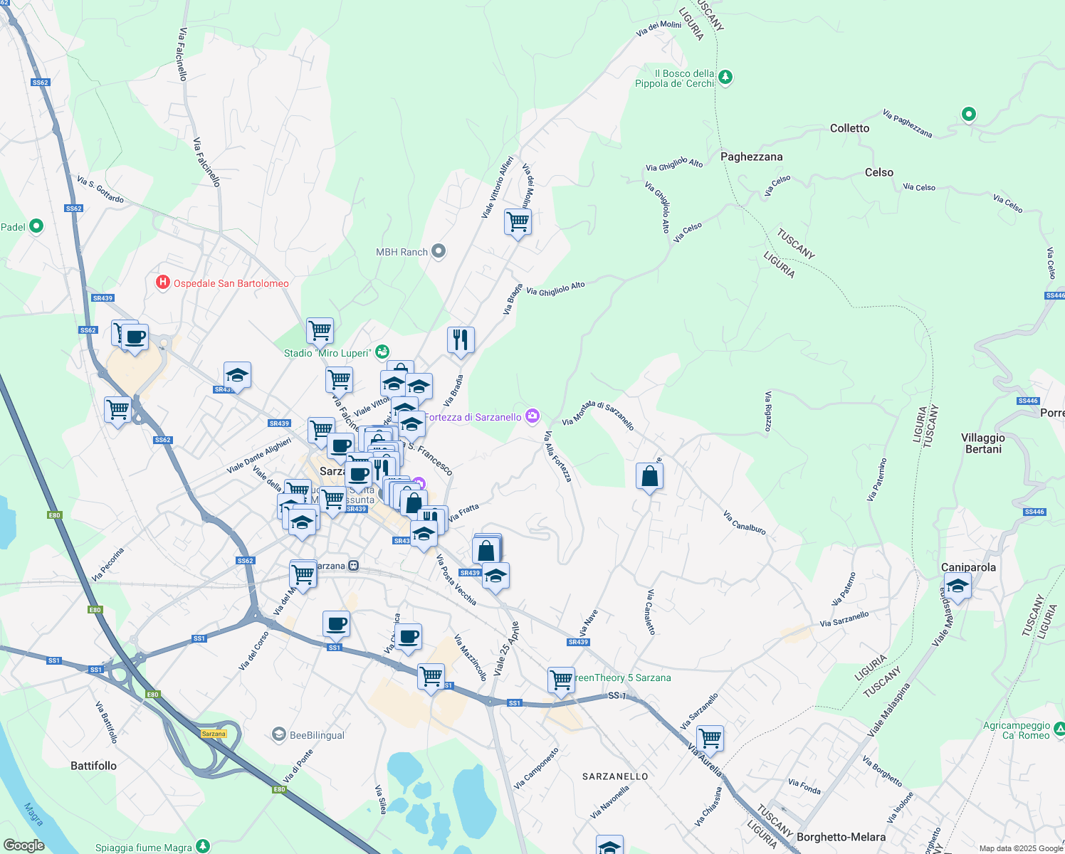 map of restaurants, bars, coffee shops, grocery stores, and more near 9 Via della Fortezza in Sarzana
