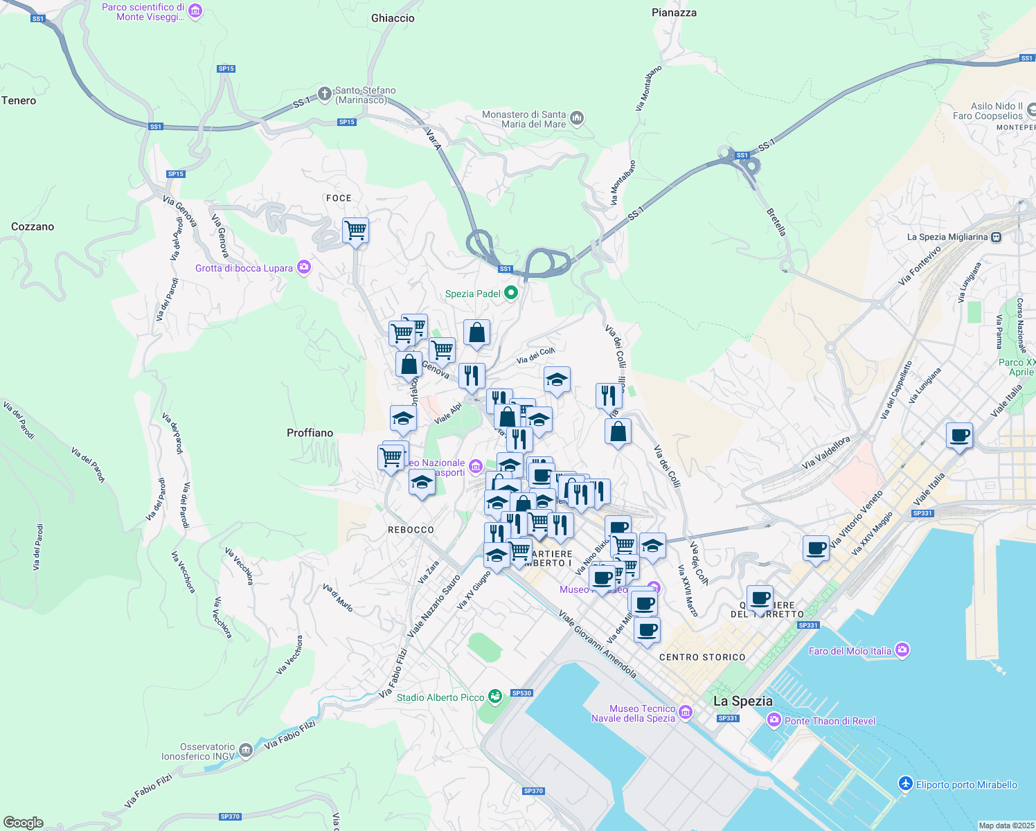 map of restaurants, bars, coffee shops, grocery stores, and more near 27 Via Vincenzo Bellini in La Spezia