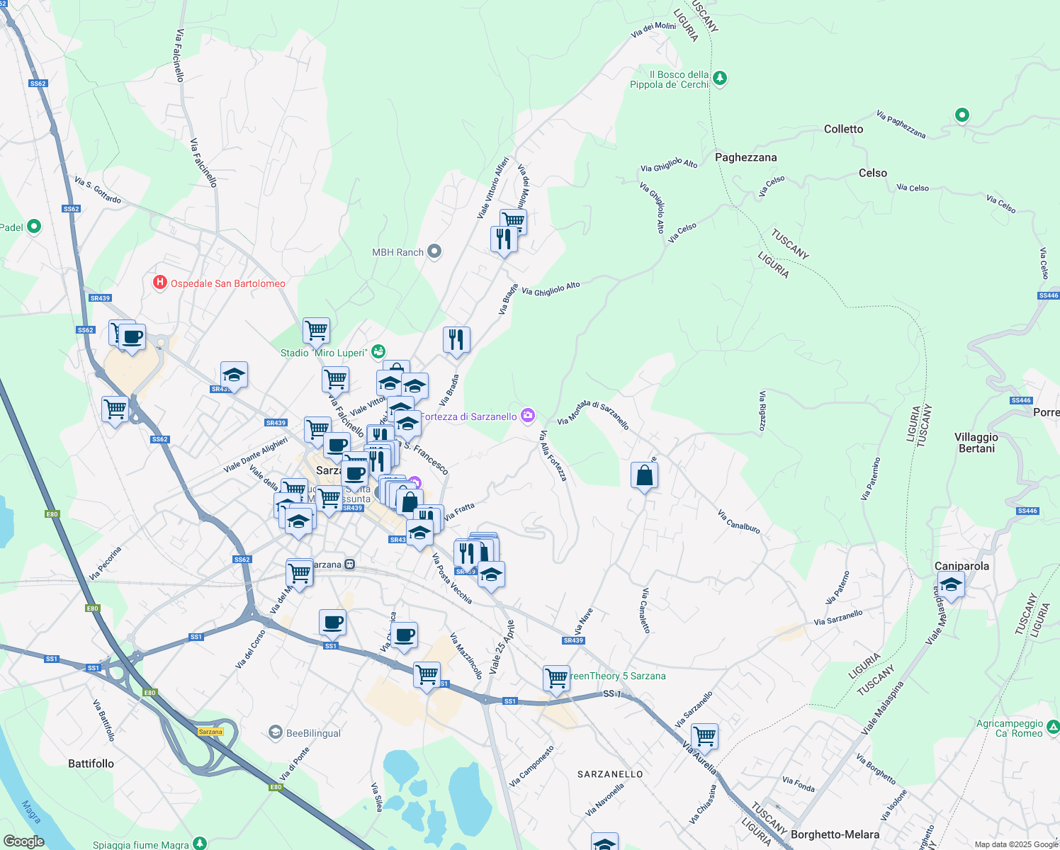 map of restaurants, bars, coffee shops, grocery stores, and more near snc Via Alla Fortezza in Provincia della Spezia