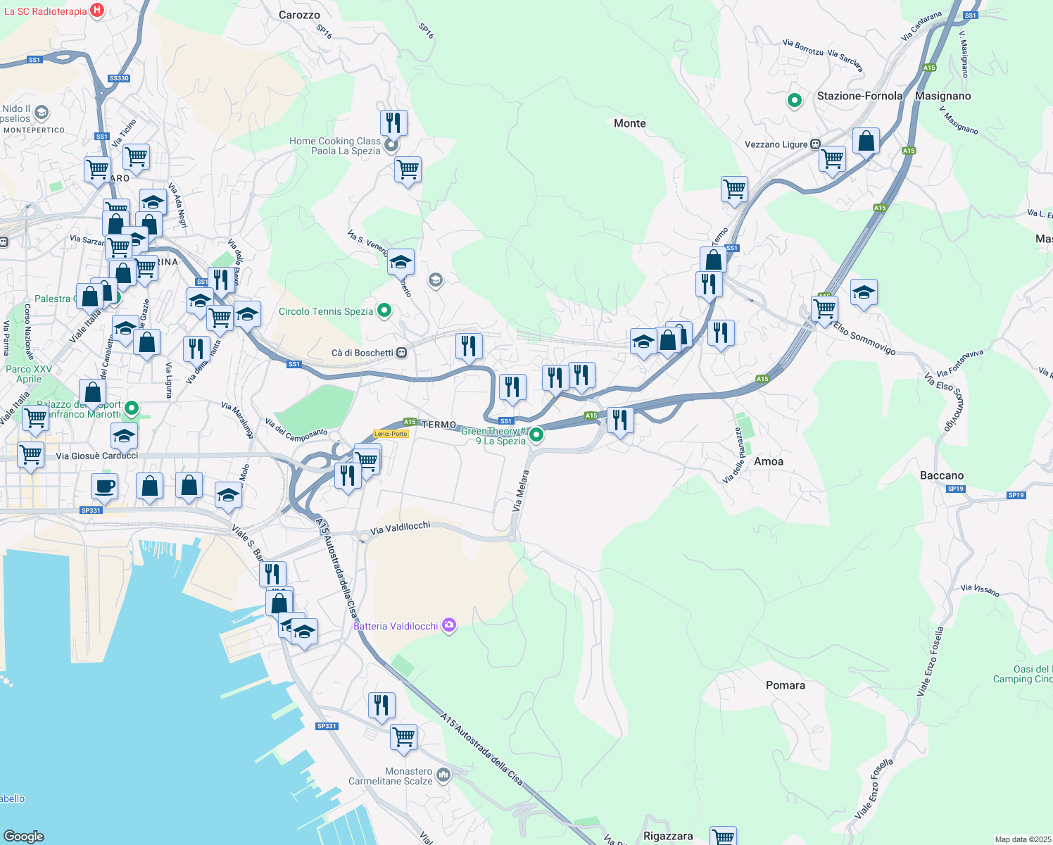 map of restaurants, bars, coffee shops, grocery stores, and more near 702 Via Sarzana in La Spezia