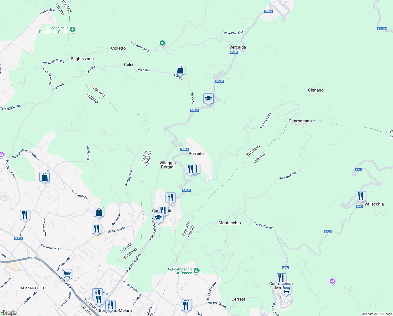 map of restaurants, bars, coffee shops, grocery stores, and more near 16 Via Porredo in Porredo