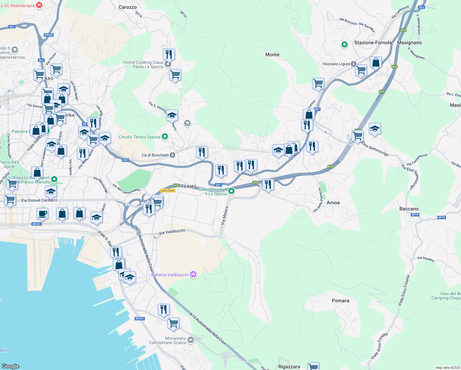 map of restaurants, bars, coffee shops, grocery stores, and more near 702 Via Sarzana in La Spezia