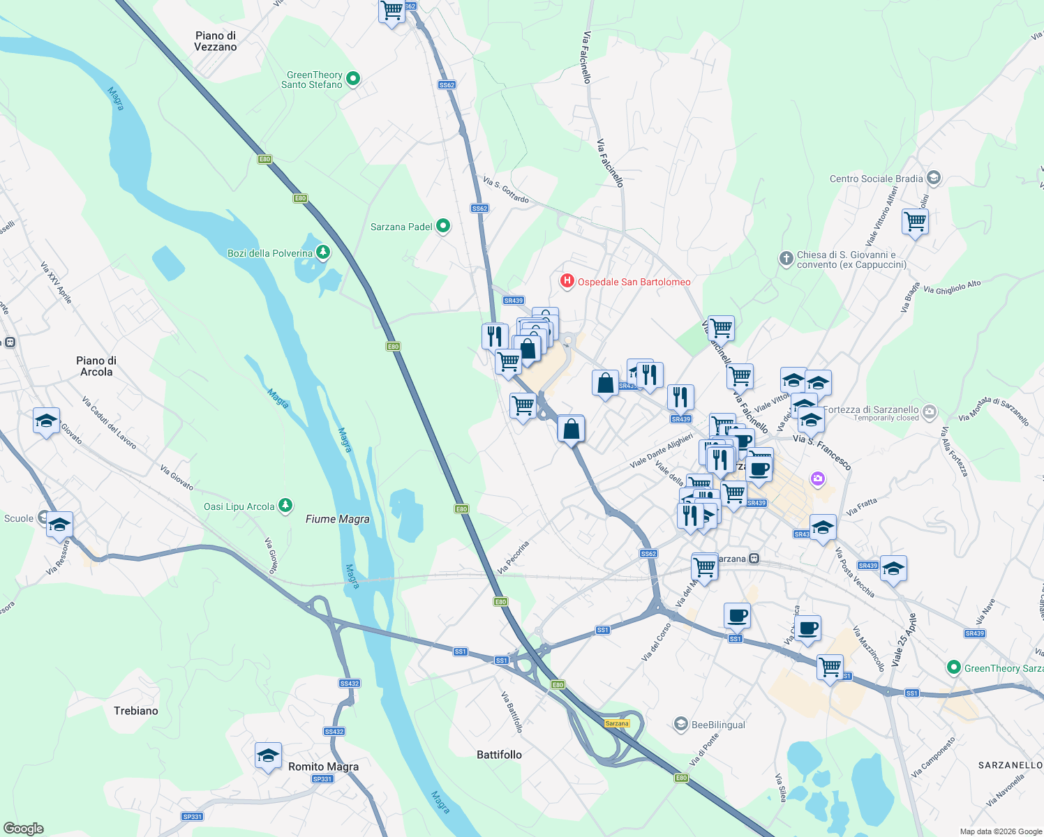 map of restaurants, bars, coffee shops, grocery stores, and more near Strada Statale 62 della Cisa in Sarzana