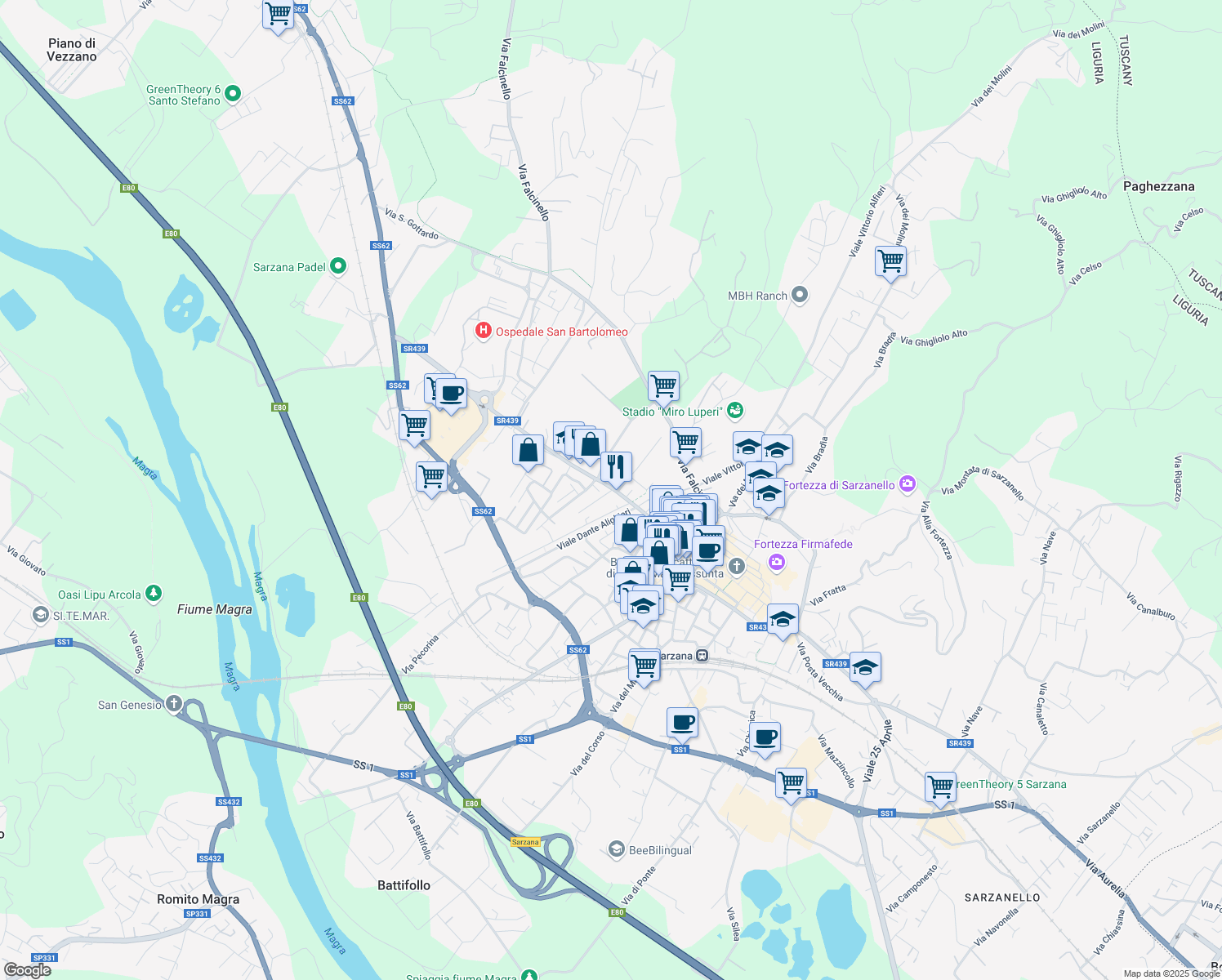 map of restaurants, bars, coffee shops, grocery stores, and more near 2 Via Eugenio Bellegoni in Sarzana