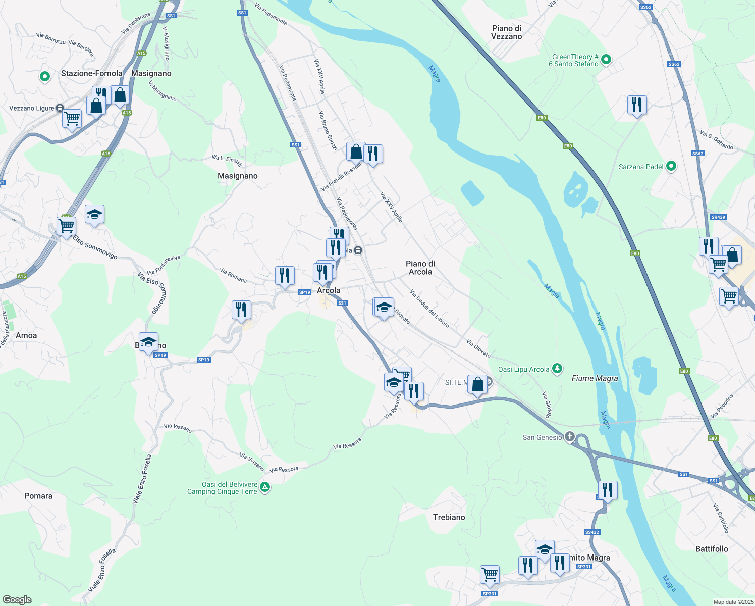 map of restaurants, bars, coffee shops, grocery stores, and more near 74 Via Porcareda in Arcola