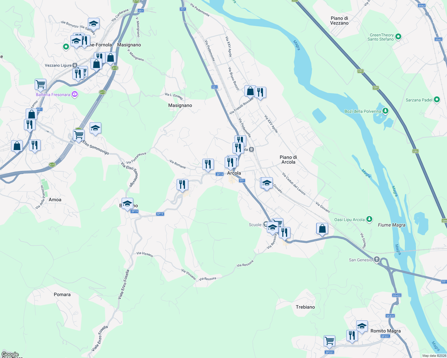 map of restaurants, bars, coffee shops, grocery stores, and more near 28 Via Valentini I° Traversa in Arcola