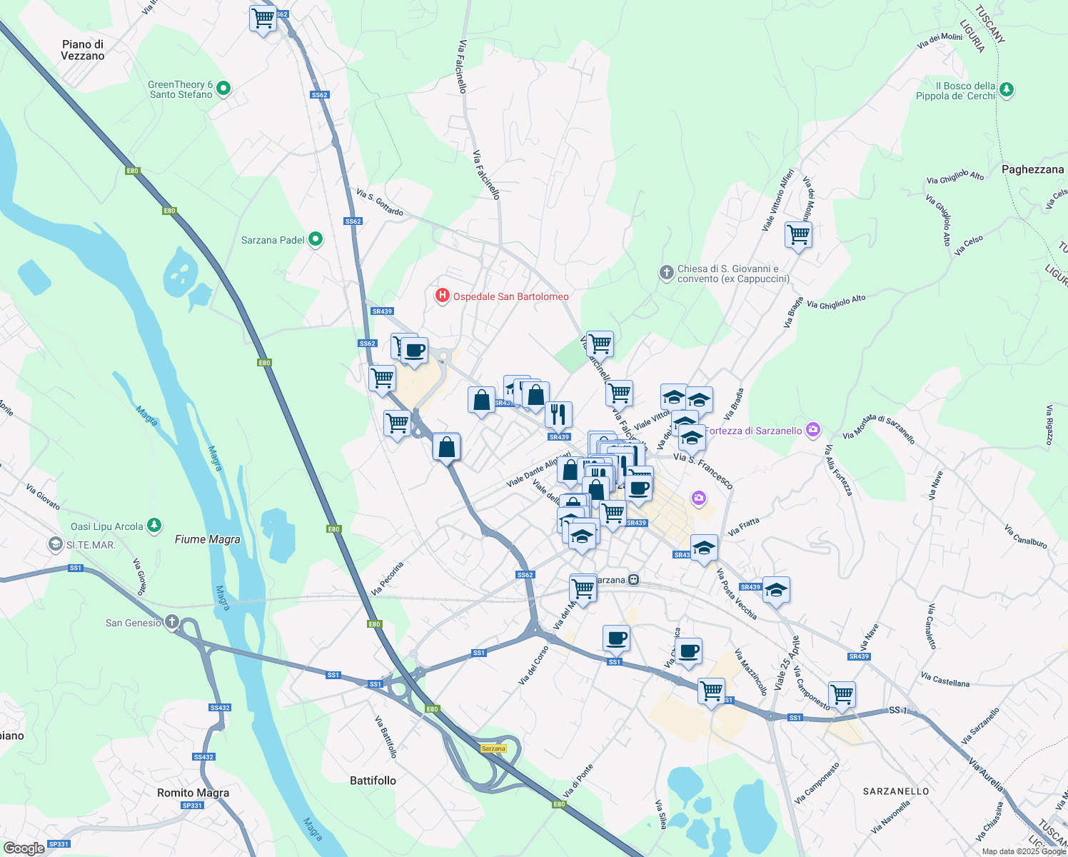 map of restaurants, bars, coffee shops, grocery stores, and more near 15 Via Socrate Benacci in Sarzana