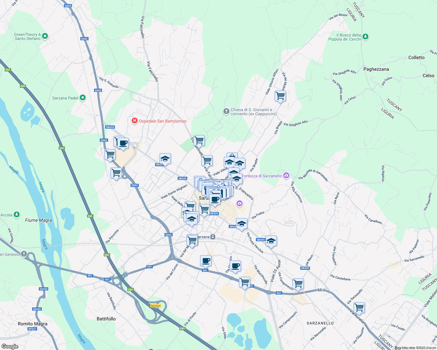 map of restaurants, bars, coffee shops, grocery stores, and more near 6 Via Falcinello in Sarzana