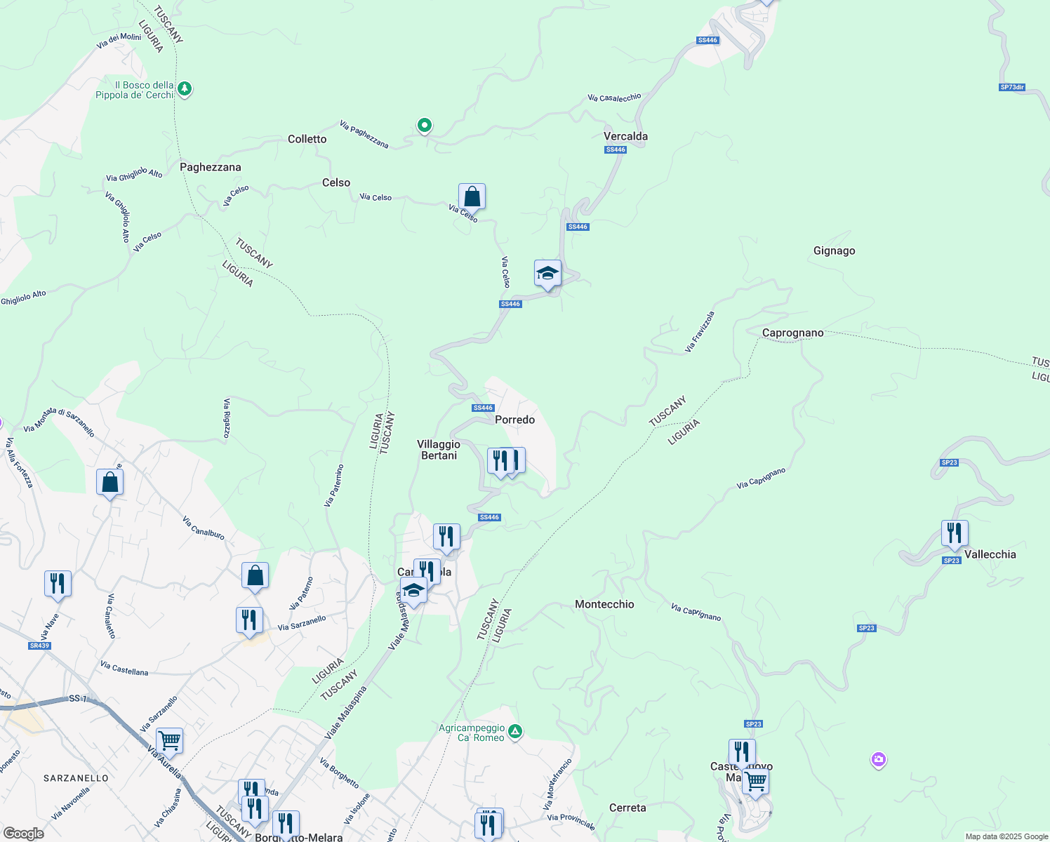 map of restaurants, bars, coffee shops, grocery stores, and more near 16 Via Porredo in Porredo