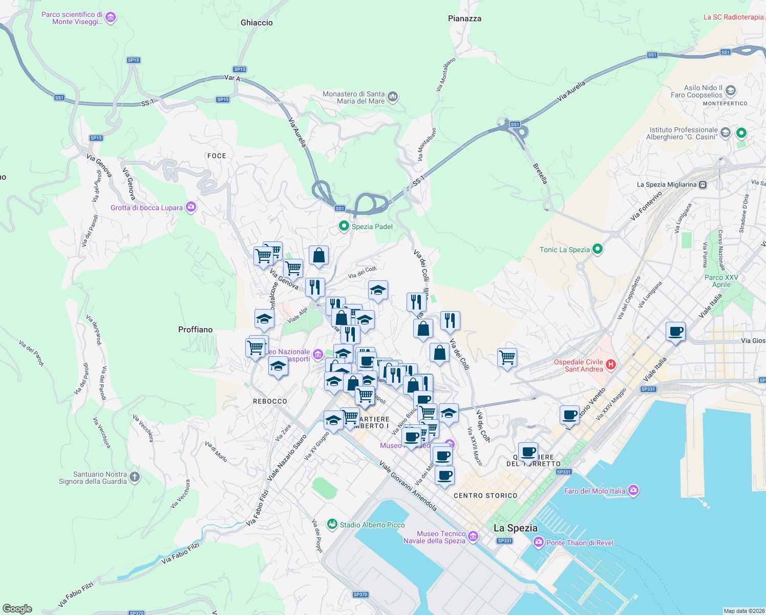 map of restaurants, bars, coffee shops, grocery stores, and more near Via Pietro Mascagni in La Spezia