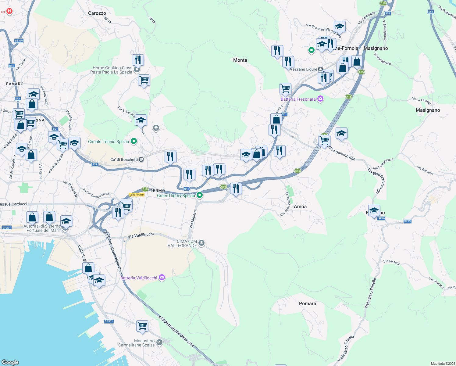 map of restaurants, bars, coffee shops, grocery stores, and more near Via delle Pianazze in La Spezia