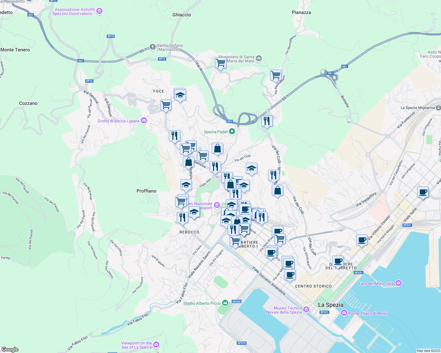 map of restaurants, bars, coffee shops, grocery stores, and more near 289a Via dei Colli in La Spezia