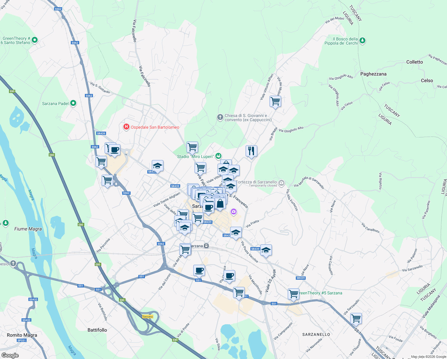 map of restaurants, bars, coffee shops, grocery stores, and more near 40 Viale Vittorio Alfieri in Sarzana