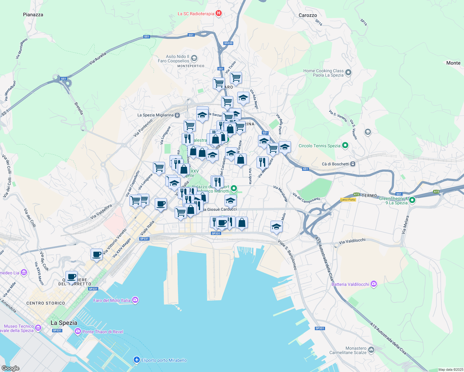 map of restaurants, bars, coffee shops, grocery stores, and more near Via Palmaria in La Spezia