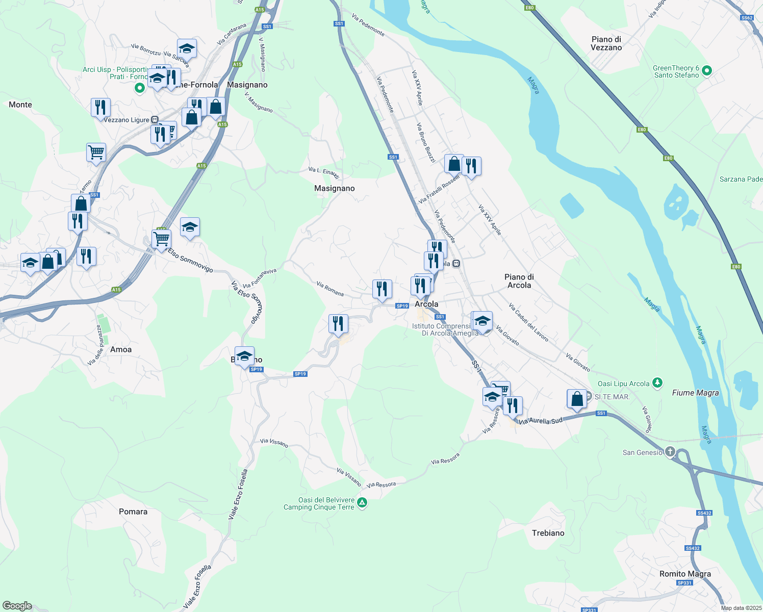 map of restaurants, bars, coffee shops, grocery stores, and more near 210 Via Luigi Valentini in Arcola