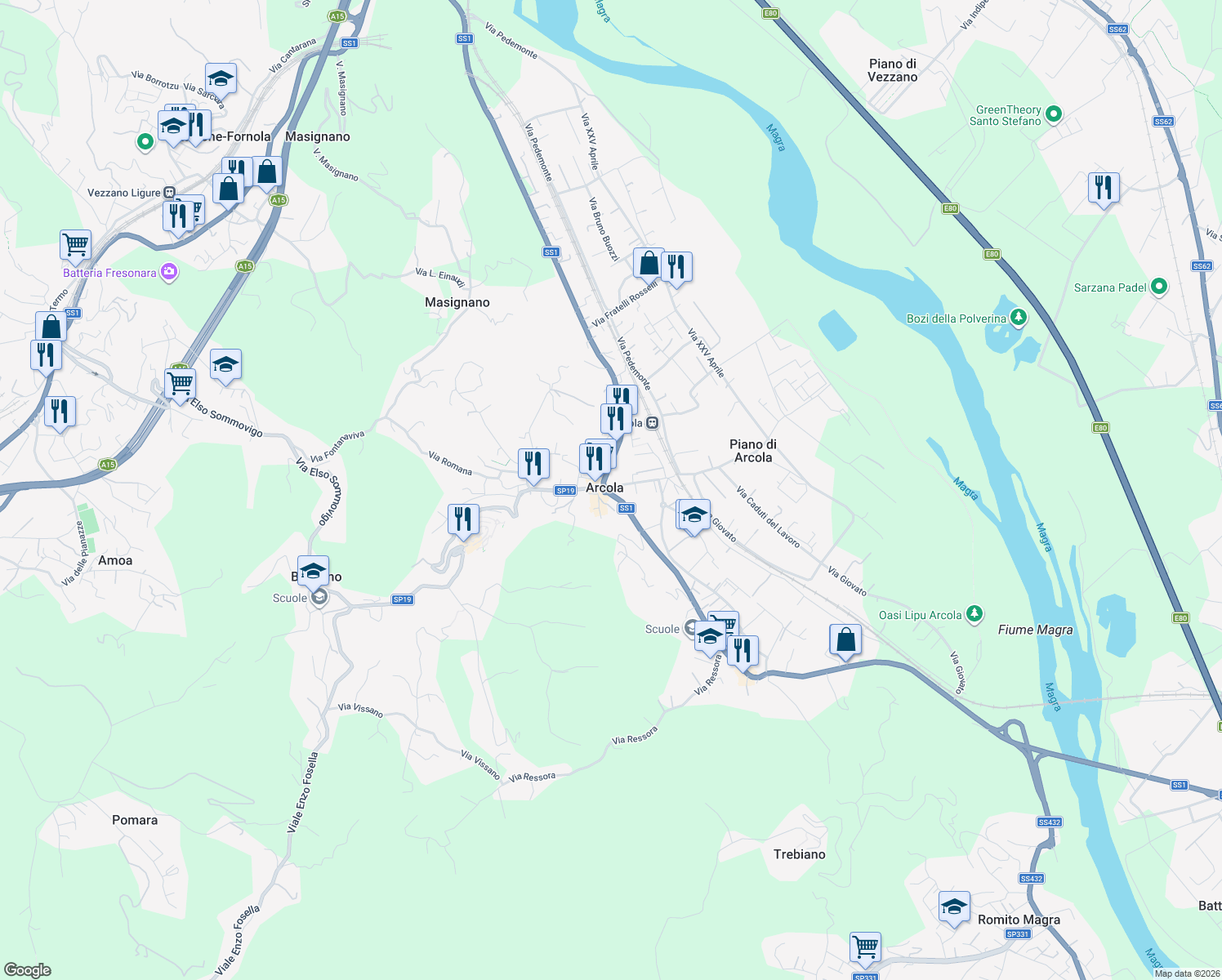 map of restaurants, bars, coffee shops, grocery stores, and more near in Arcola