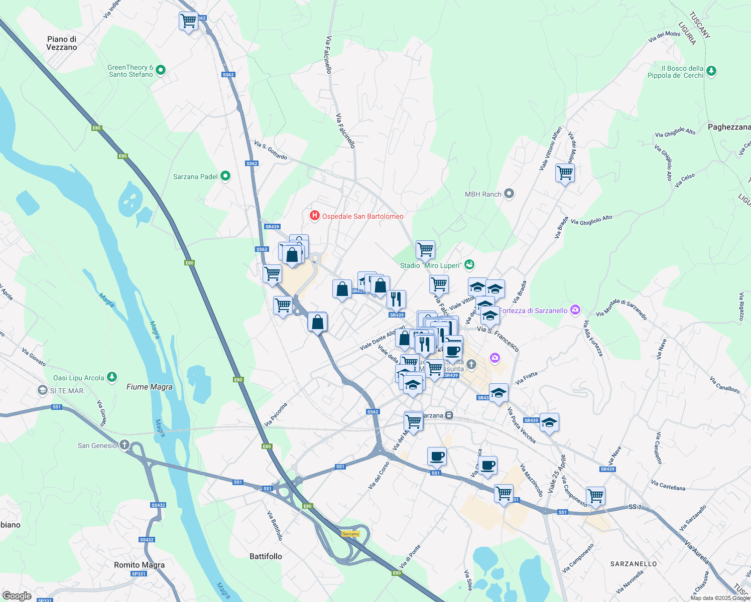 map of restaurants, bars, coffee shops, grocery stores, and more near 66 Via Cisa in Sarzana
