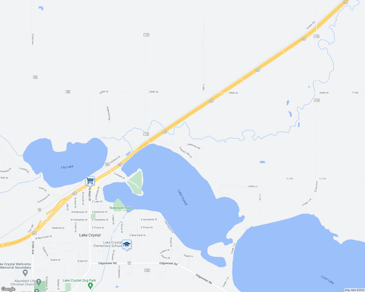 map of restaurants, bars, coffee shops, grocery stores, and more near 1005 Lakeview Road in Lake Crystal