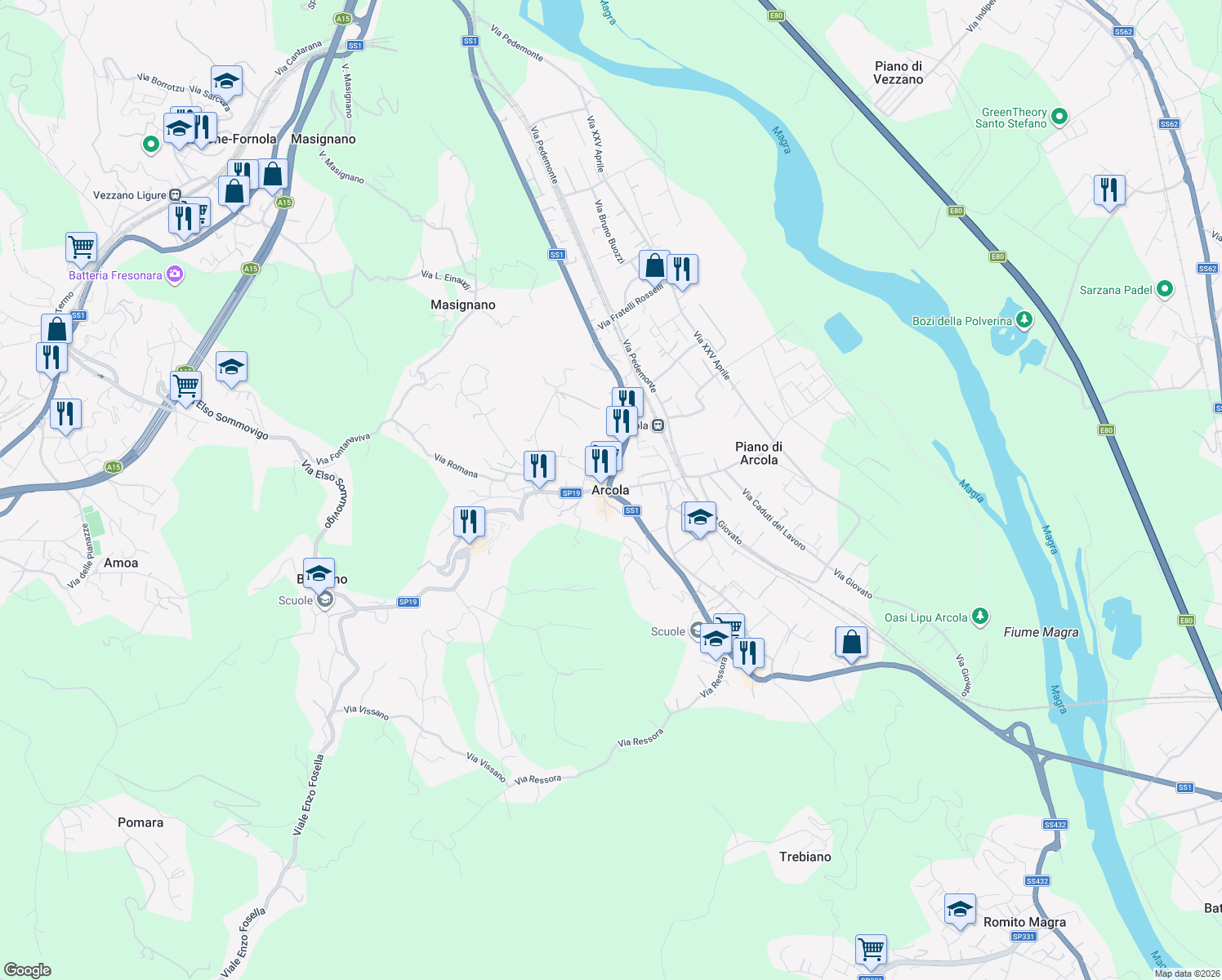 map of restaurants, bars, coffee shops, grocery stores, and more near in Arcola