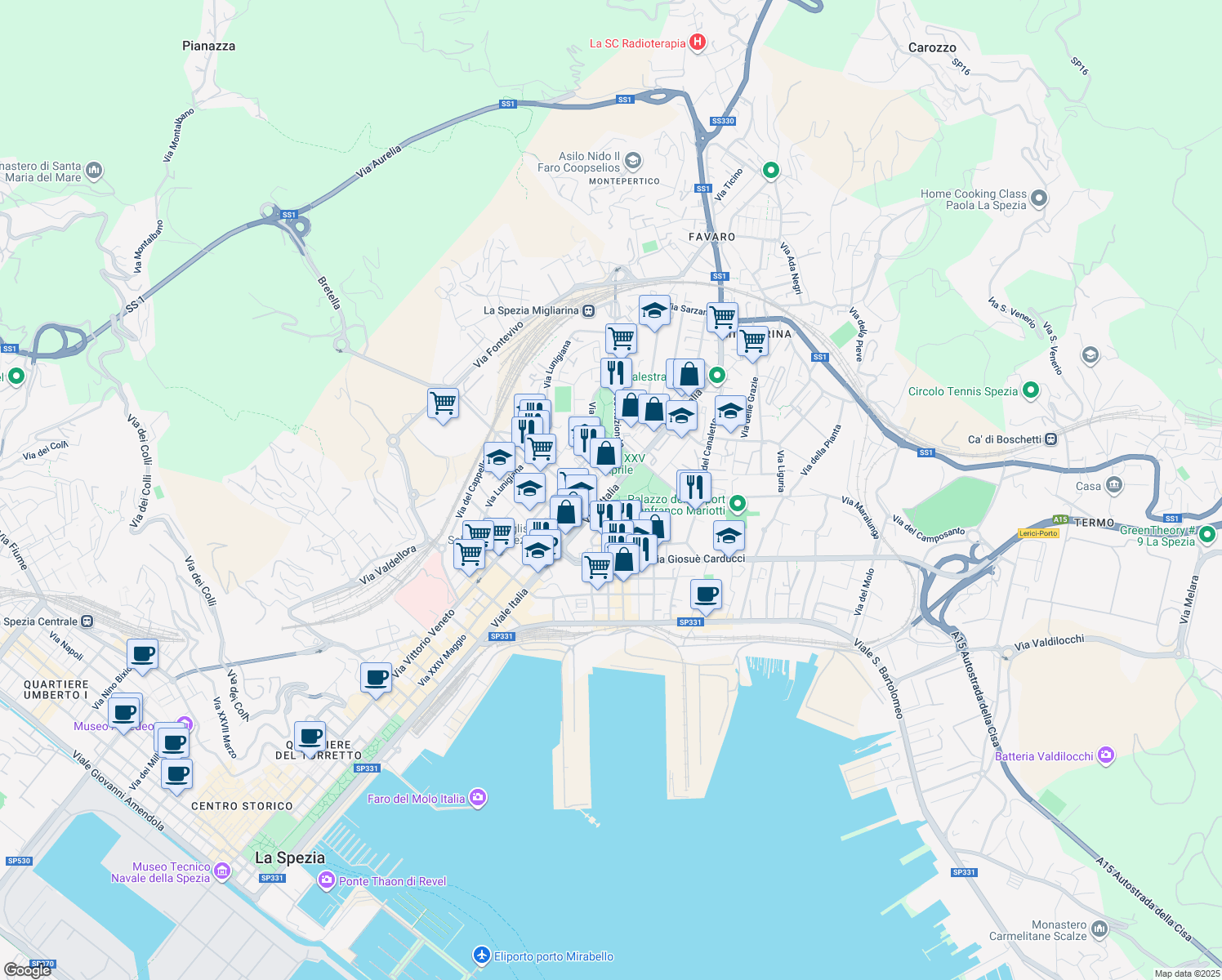 map of restaurants, bars, coffee shops, grocery stores, and more near 497 Viale Italia in La Spezia