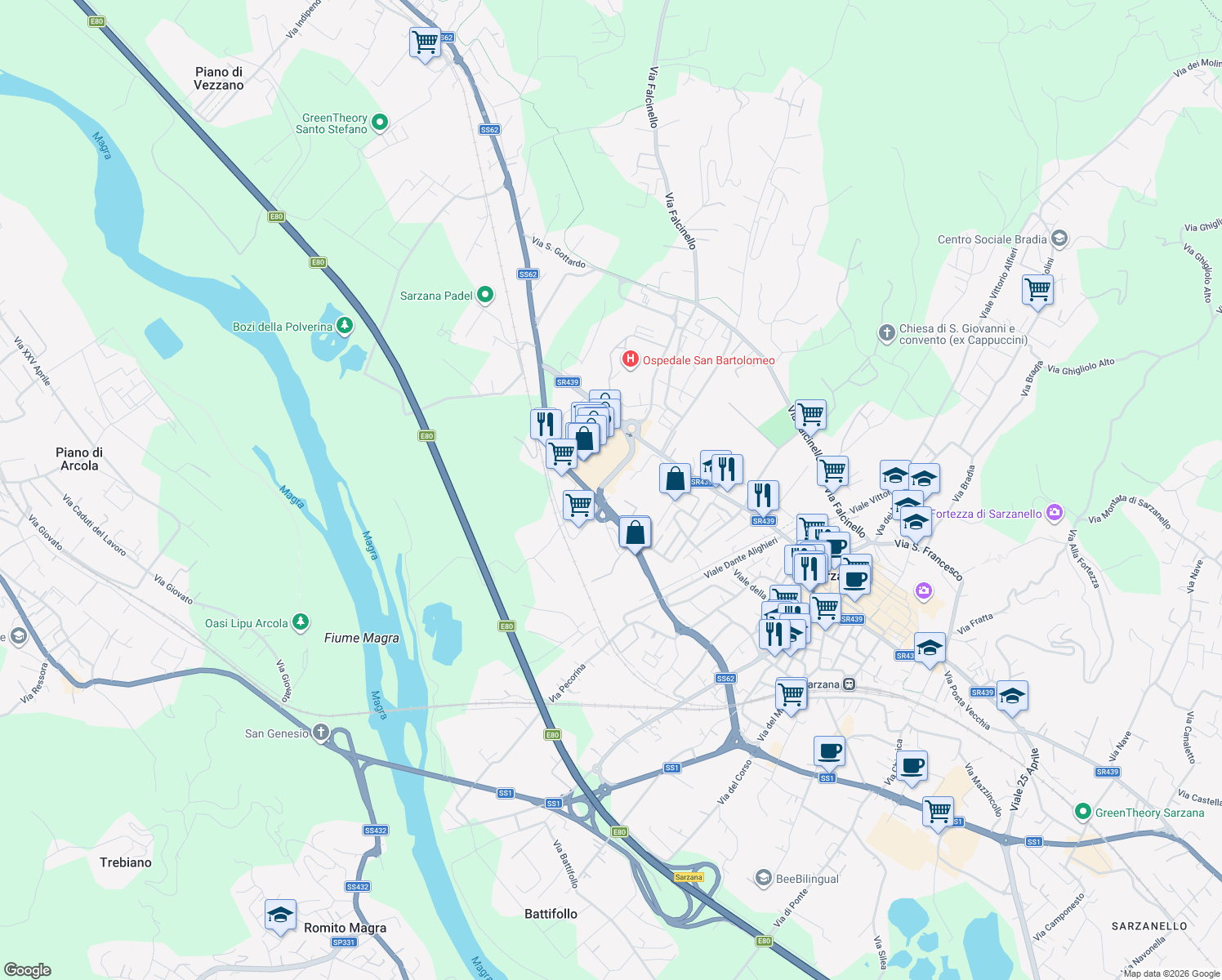 map of restaurants, bars, coffee shops, grocery stores, and more near 40 Via Variante Cisa in Sarzana