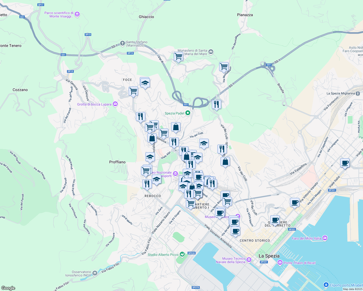 map of restaurants, bars, coffee shops, grocery stores, and more near 289a Via dei Colli in La Spezia