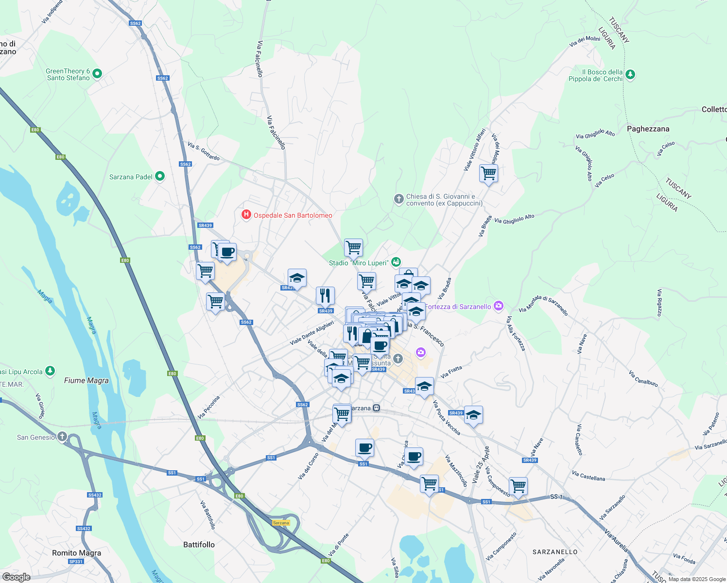 map of restaurants, bars, coffee shops, grocery stores, and more near 9 Via Villefranche de Rouergue in Sarzana