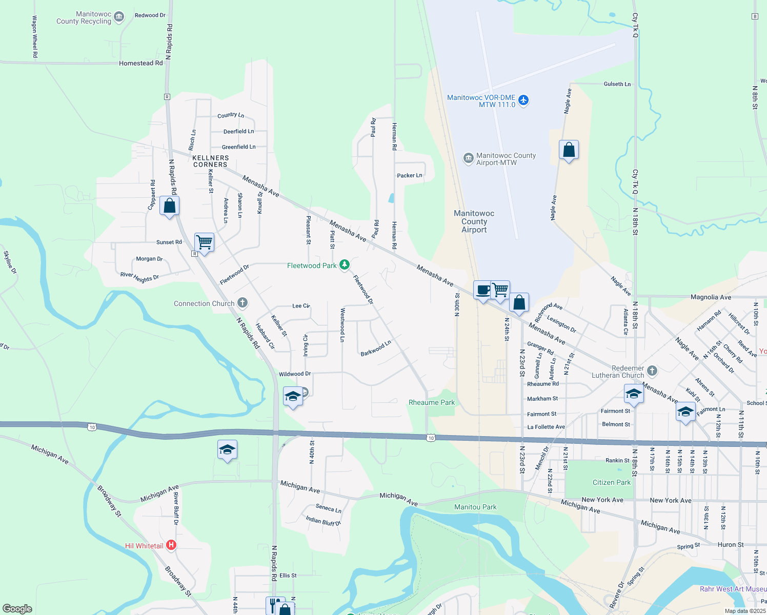 map of restaurants, bars, coffee shops, grocery stores, and more near 3410 Fleetcrest Court in Manitowoc
