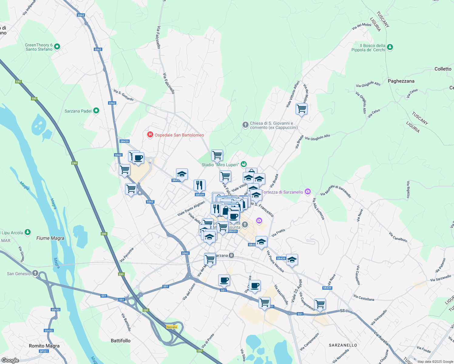 map of restaurants, bars, coffee shops, grocery stores, and more near 9 Via Villefranche de Rouergue in Sarzana