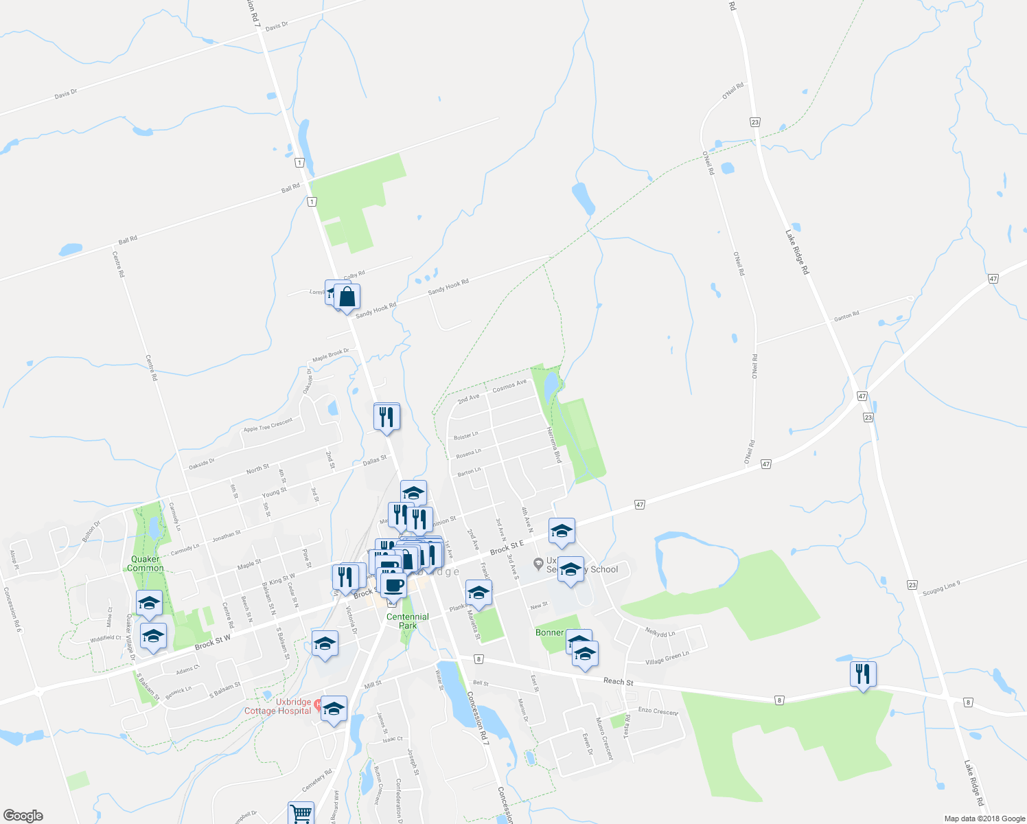 map of restaurants, bars, coffee shops, grocery stores, and more near 57 Bolster Lane in Uxbridge