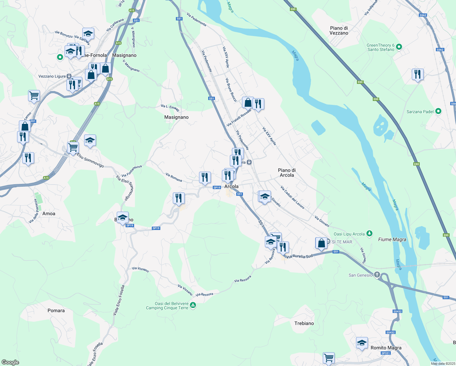 map of restaurants, bars, coffee shops, grocery stores, and more near in Arcola