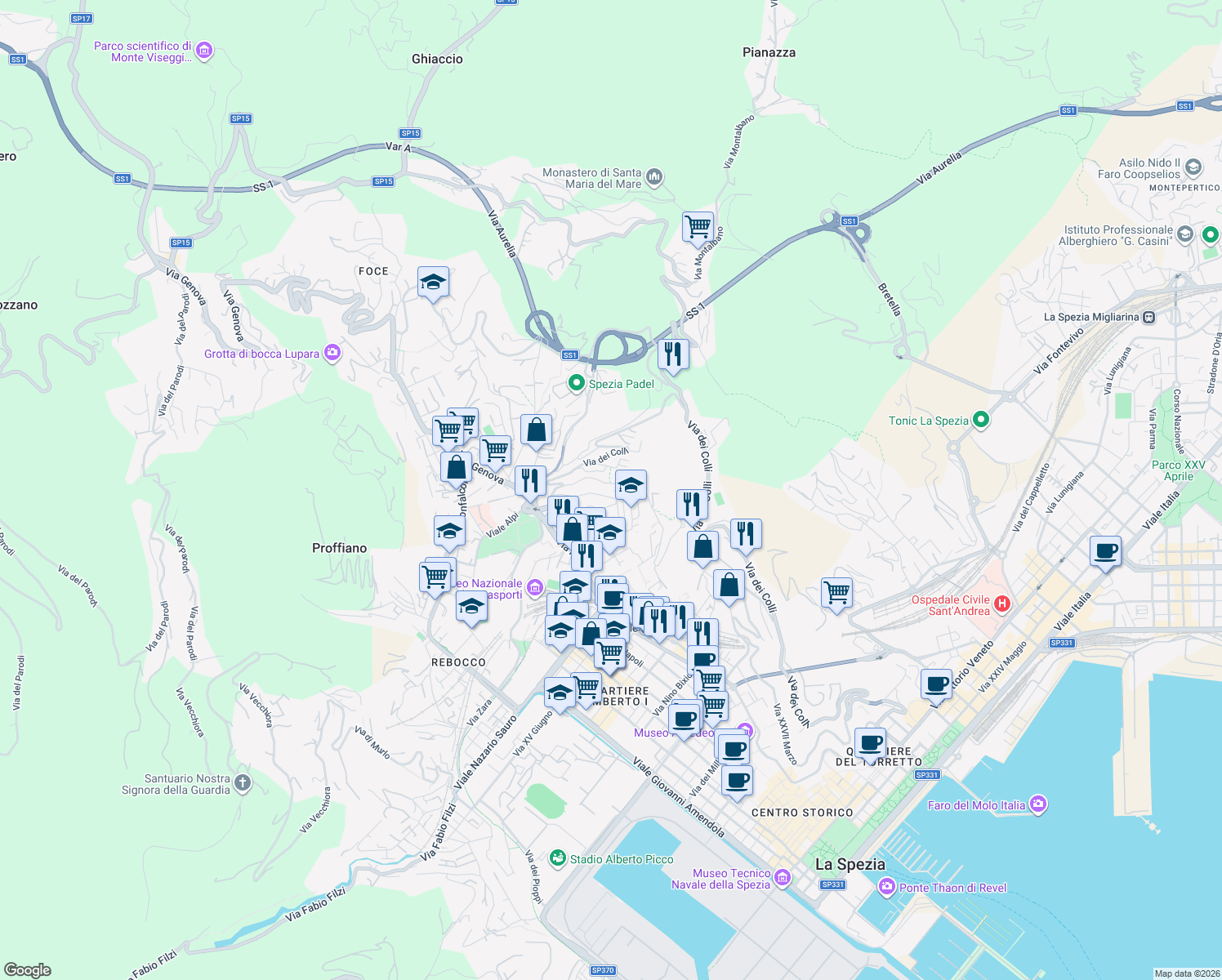 map of restaurants, bars, coffee shops, grocery stores, and more near 54 Via di Birano in La Spezia