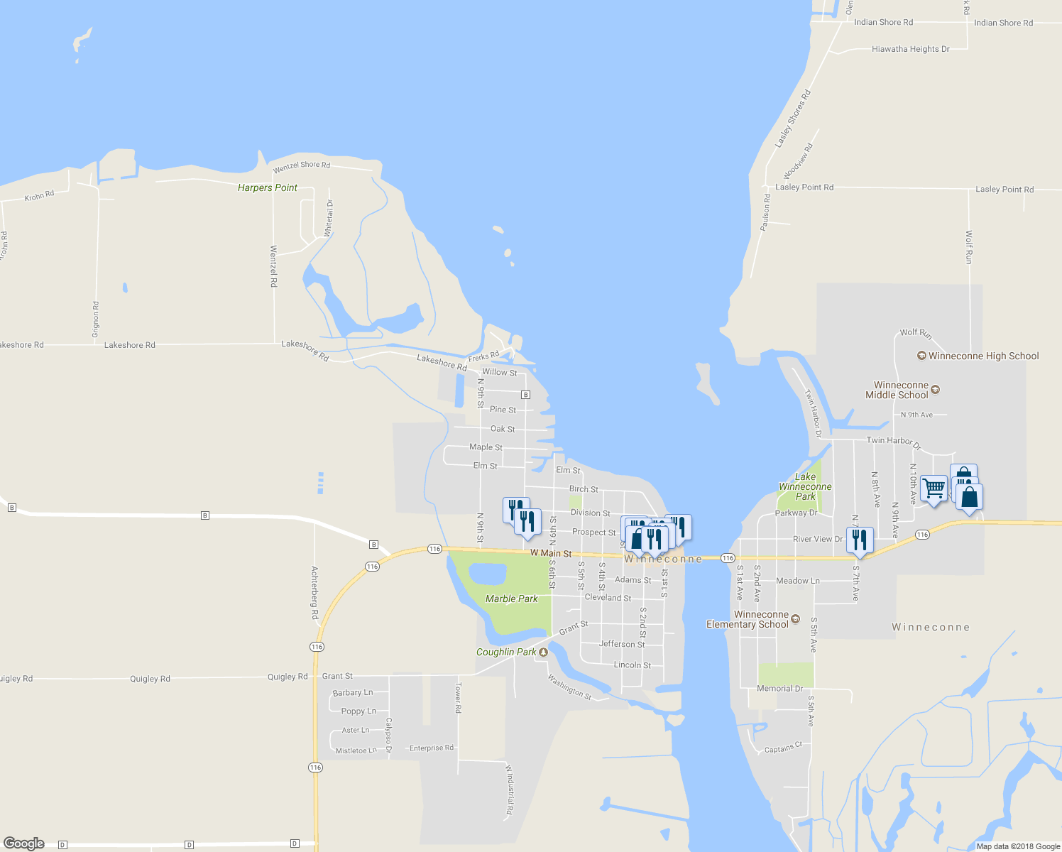 map of restaurants, bars, coffee shops, grocery stores, and more near 603 North 7th Street in Winneconne