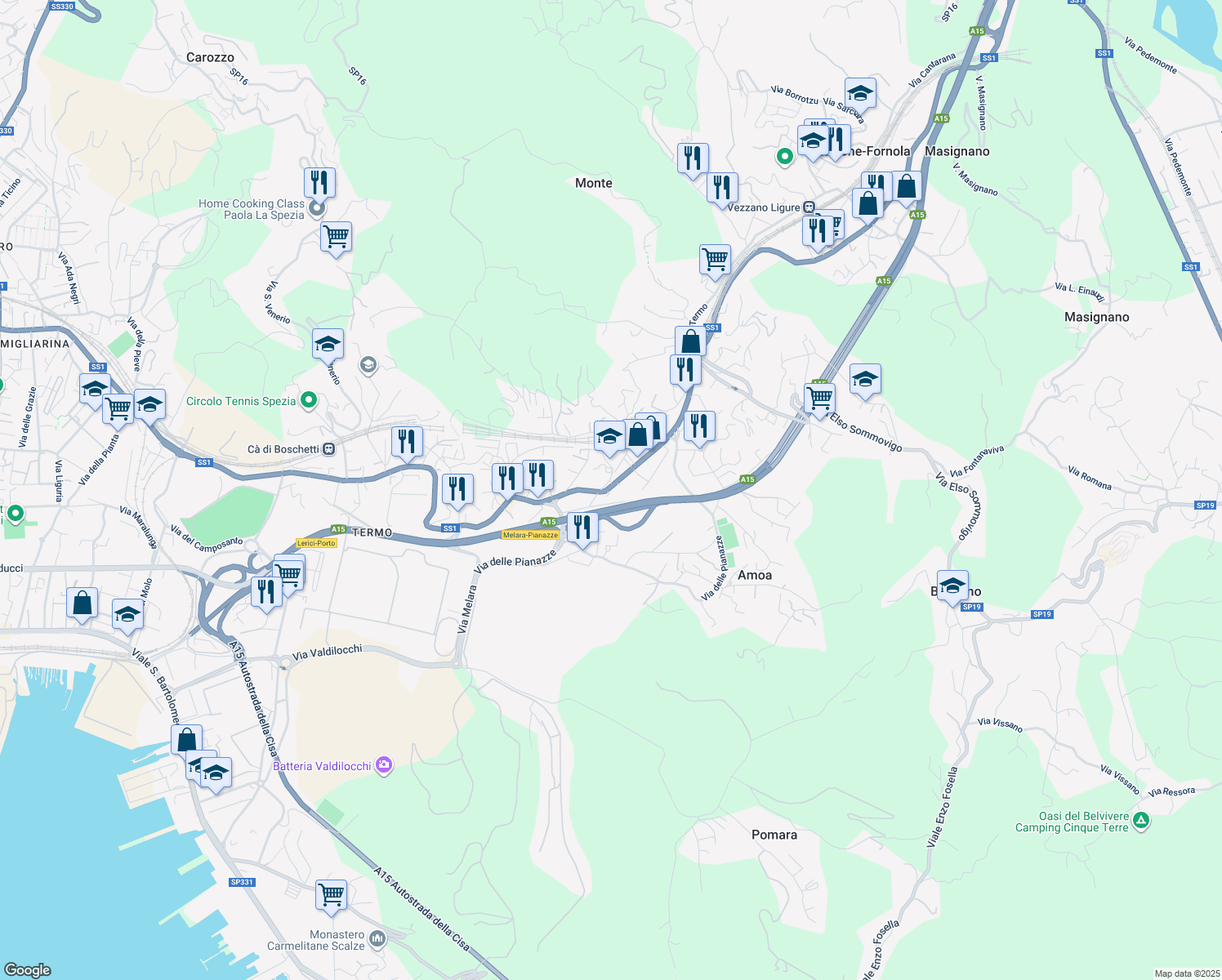 map of restaurants, bars, coffee shops, grocery stores, and more near 912 Via Sarzana in La Spezia