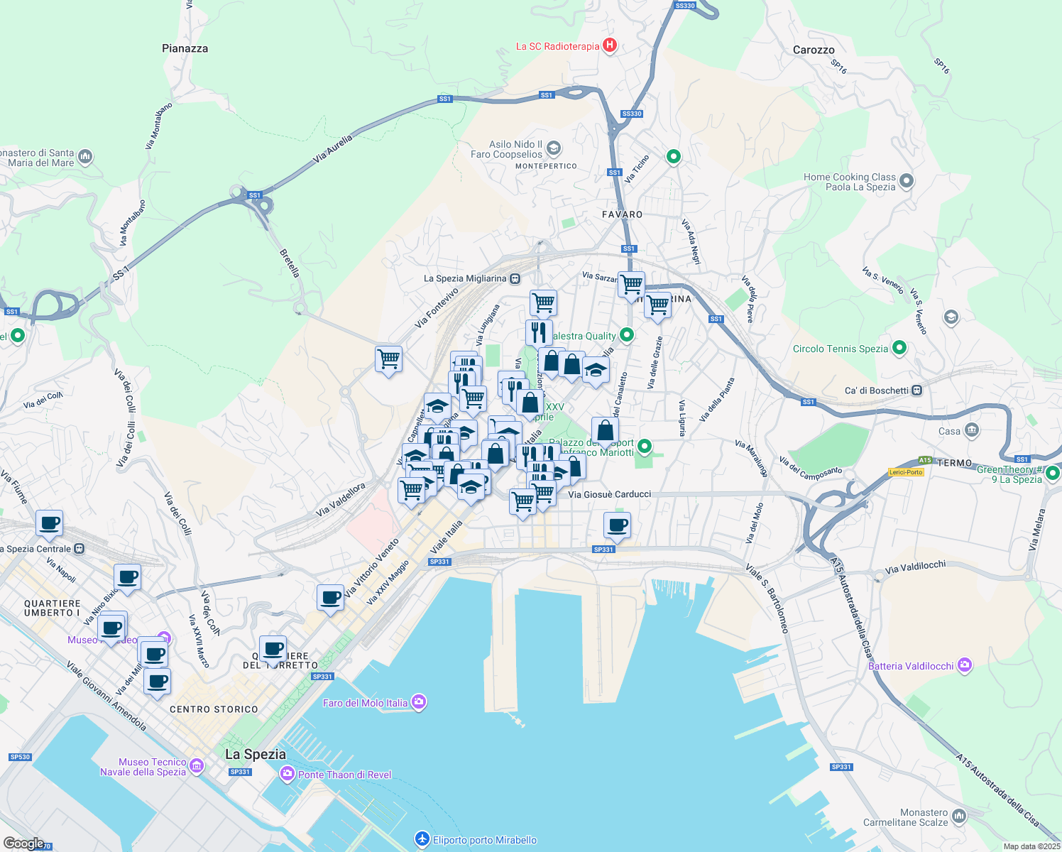 map of restaurants, bars, coffee shops, grocery stores, and more near 497 Viale Italia in La Spezia
