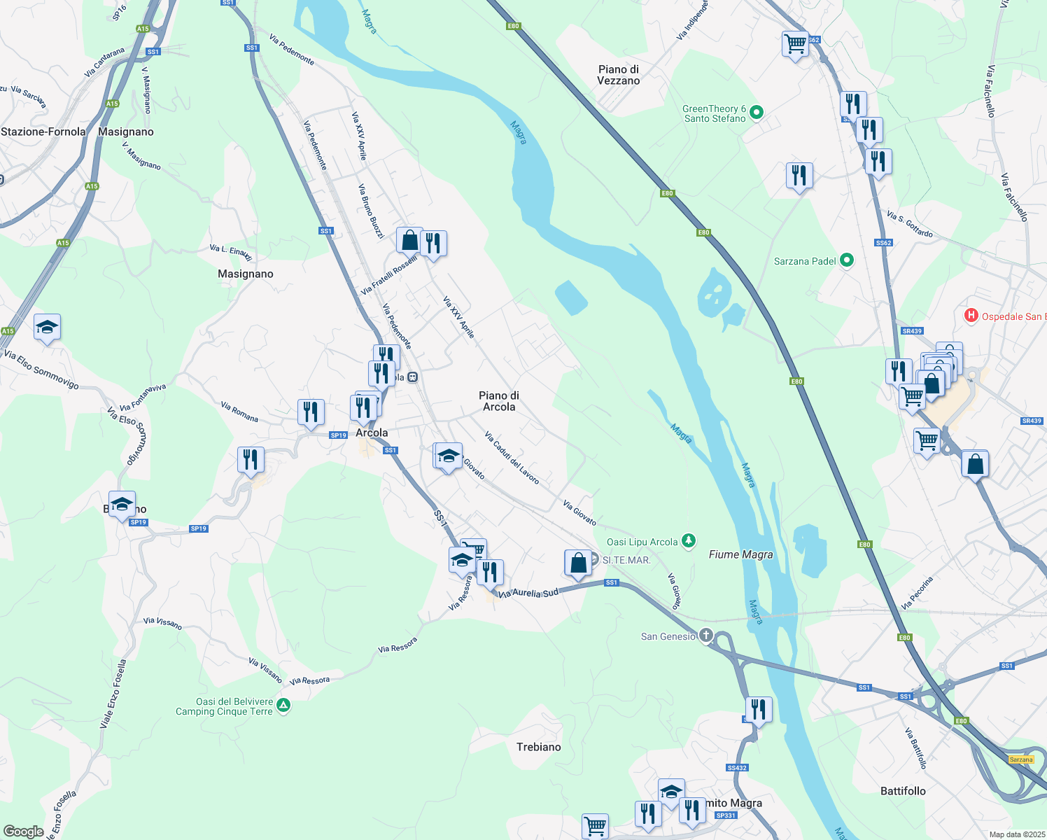 map of restaurants, bars, coffee shops, grocery stores, and more near 15 Via XXIX Novembre in Piano di Arcola